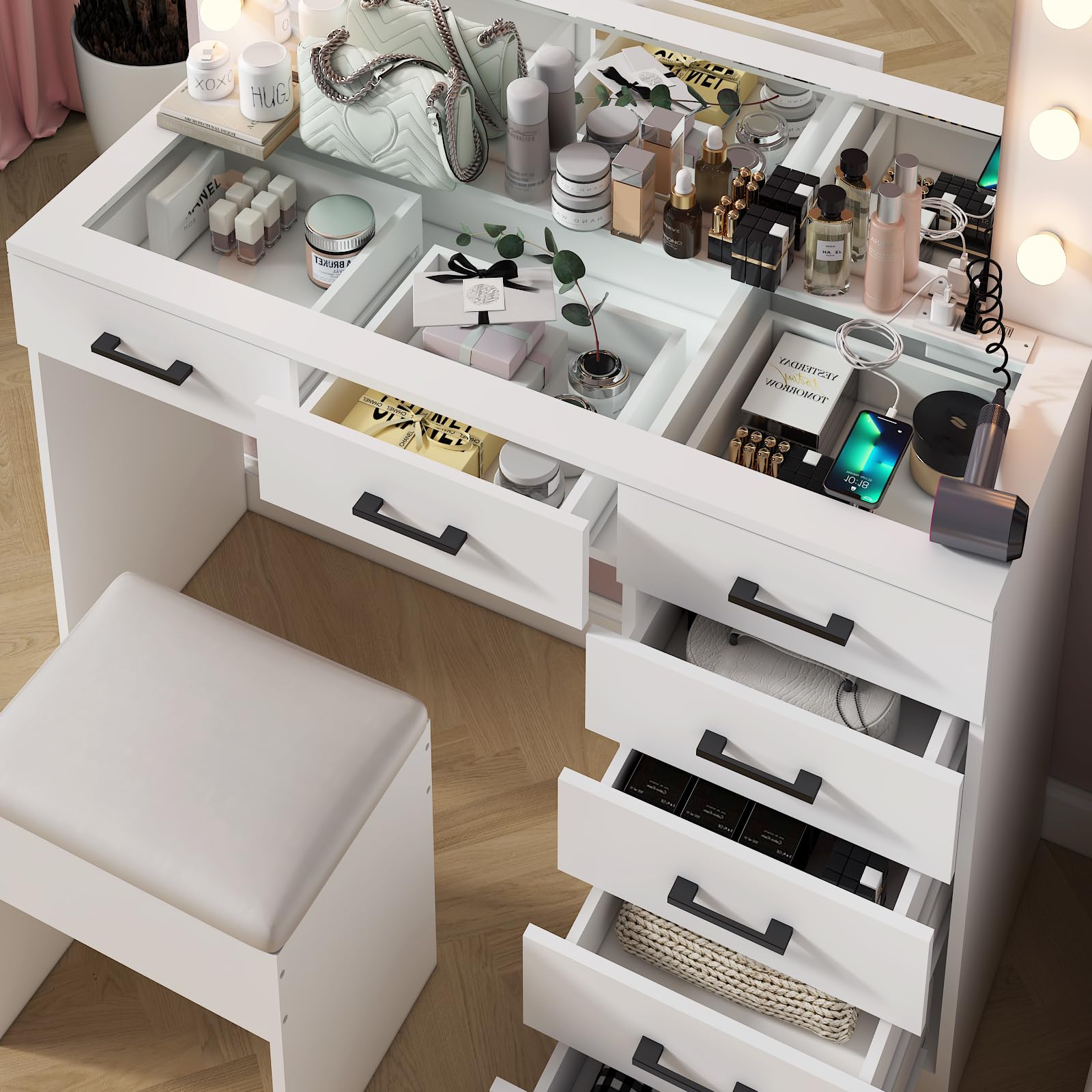 Desk with Large Lighted Mirror & Powre Outlet, Glass Tabletop Makeup Vanity Set with 7 Drawers, 45.3" Vanity Table with 3 Color Lighting Modes, Dressing Table for Women Girls, White
