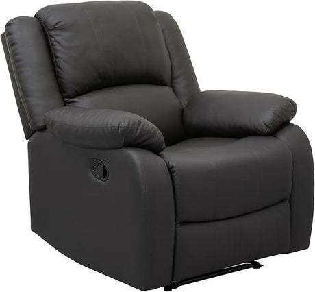 Chris 38 Inch Manual Recliner Chair, Solid Wood, Black Faux Leather