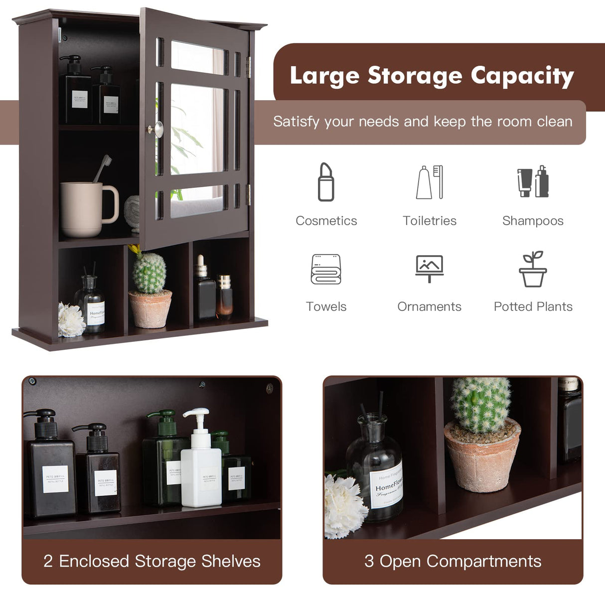 Wall-Mounted Bathroom Cabinet, 2-in-1 Storage Organizer with Mirror Door