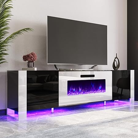 Fireplace TV Stand with 40" Fireplace, 80" Modern High Gloss Entertainment Center LED