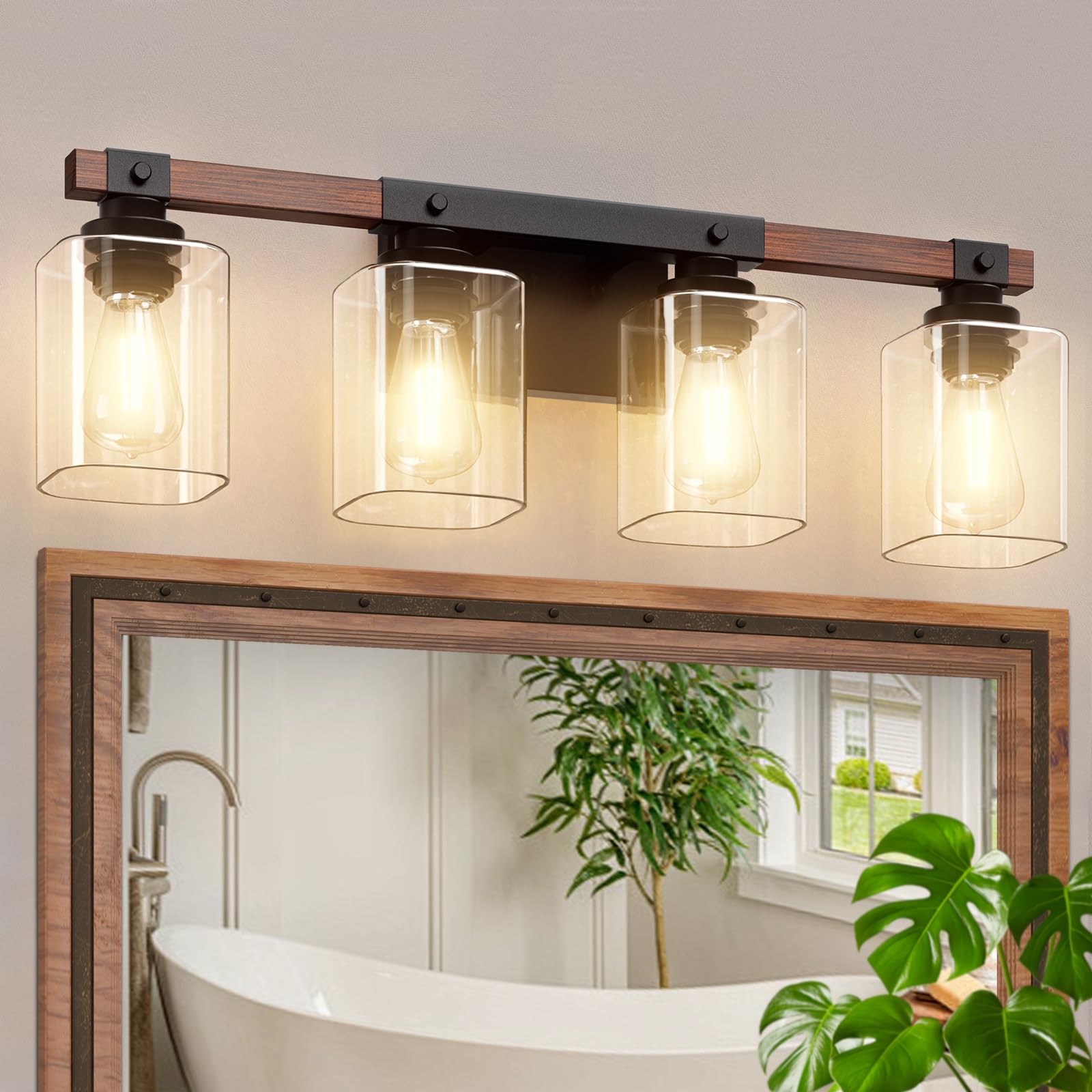 4-Light Bathroom Vanity Light Fixtures, Rustic Industrial Painted Wood Vanity Lights