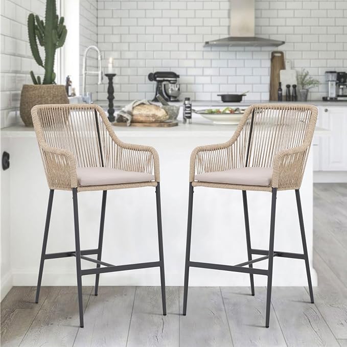Wicker Bar Stools Set of 2, Patio Outdoor Rattan Bar Height Chairs with Cushions