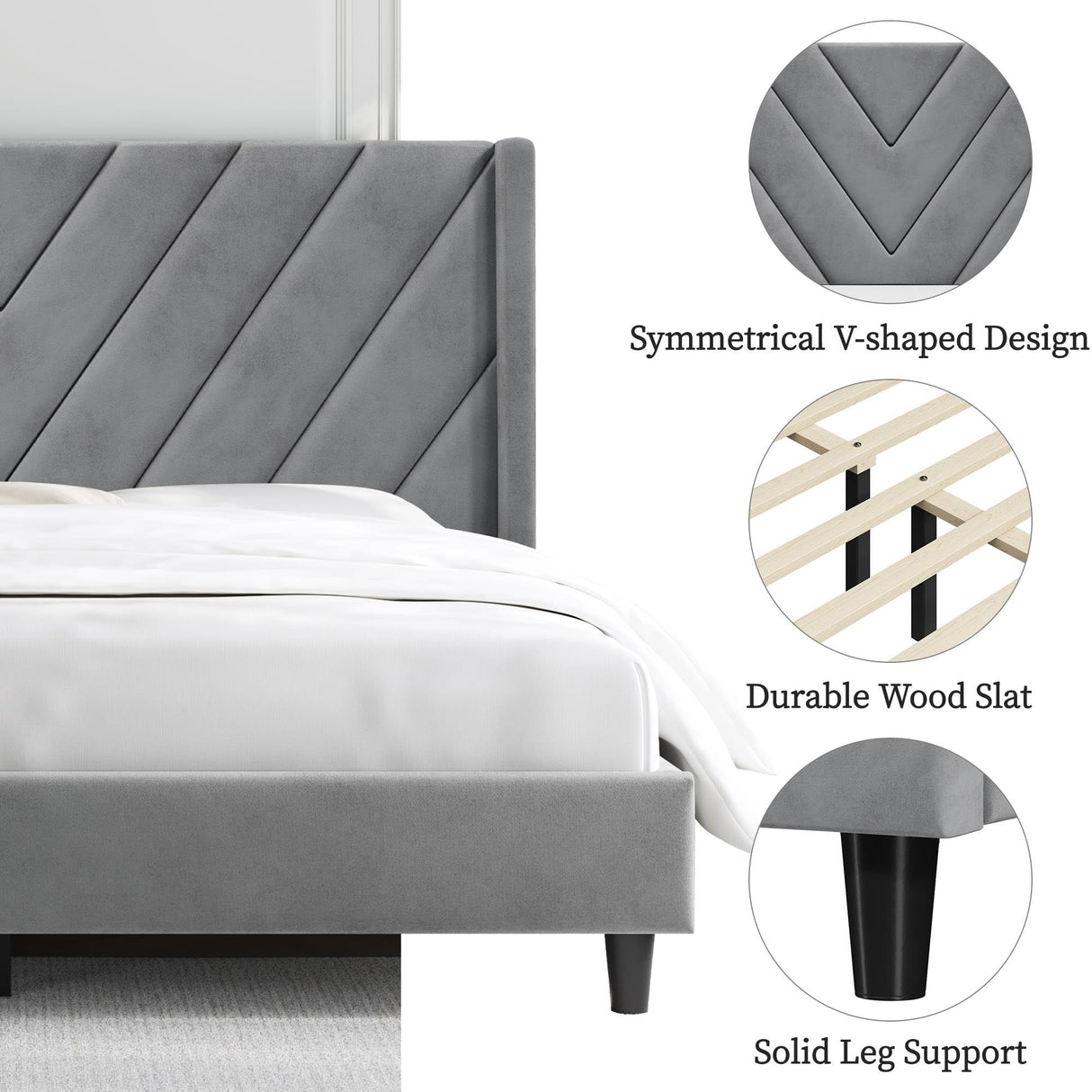 Queen Bed Frame Upholstered Platform Bed with Wing Side/Wooden Slat Support/Tufted