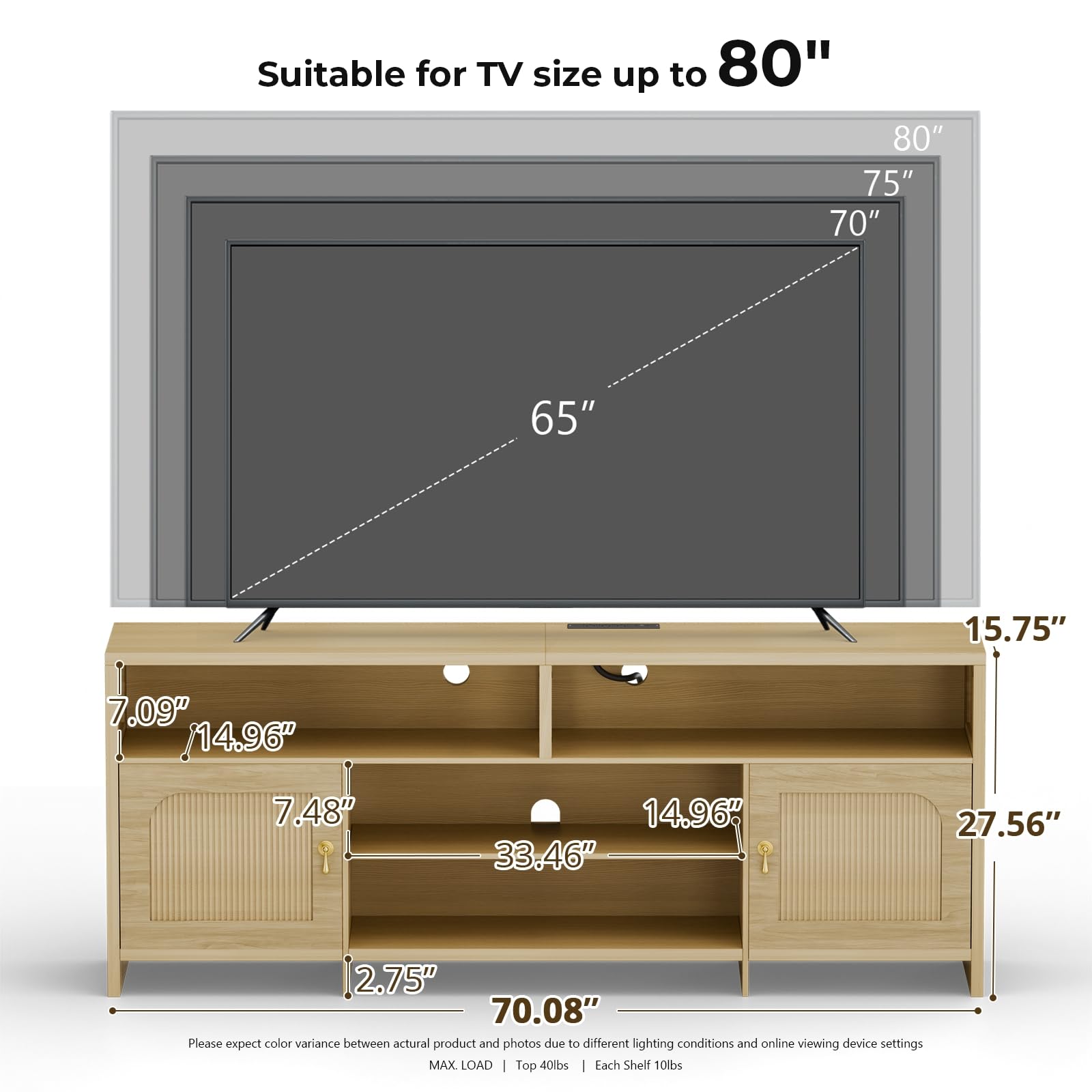 Fluted TV Stand for 70-85 Inch TV with LED Lights & Storage