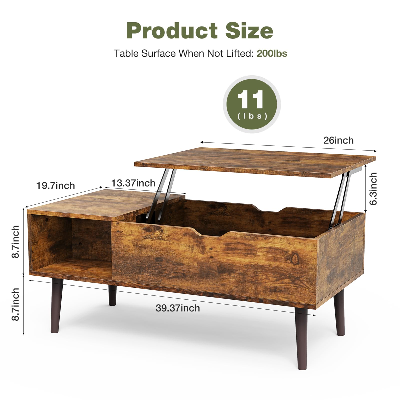 OLIXIS Wood Lift Top Coffee Table with Hidden Compartment and Large Storage Shelf, Lift Tabletop Dining Center Table for Home Living Room Office, Natural Wood