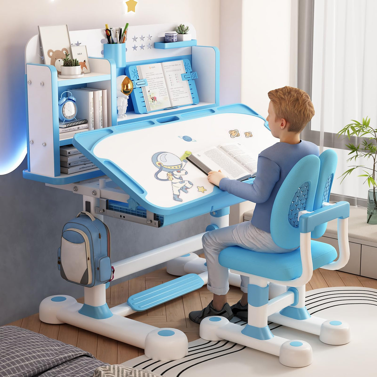 Height Adjustable Kids Study Desk with Cartoon Pattern, Widened Tabletop, Tiltable Reading Stand, Back Support & Spine Protect, Prevent Myopia, for Boys & Girls (Blue-B)