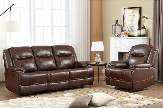 Leather Manual Recliner Sofa Set, Recliner Chair, Loveseat Reclining Sofa and 3 Seat Recliner Sofa, Couch Furniture Set for Living Room, Meeting Room, Brown(Recliner+Loveseat+Sofa)