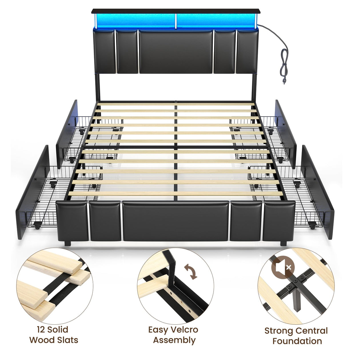 Bed Frame Full Size with Bookcase Headboard and 4 Storage Drawers, Leather