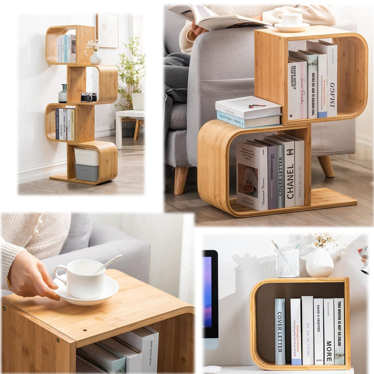 5-Tier S-Shaped Geometric Modern Bamboo Bookshelf, Large Capacity Creative Display Curved Rack Free