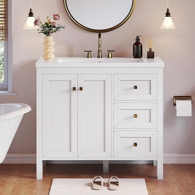 36" Bathroom Vanity with Sink Set, Vintage Bathroom Cabinet Vanity with Resin Basin