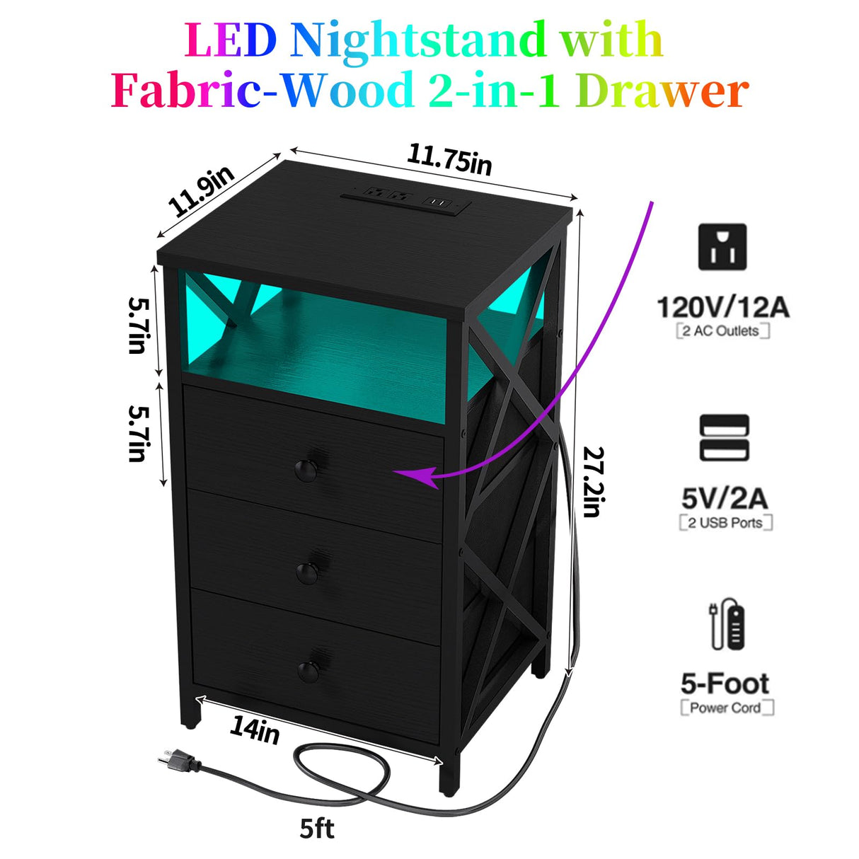 LED Nightstand with Charging Station, Tall Dresser for Bedroom with LED Light