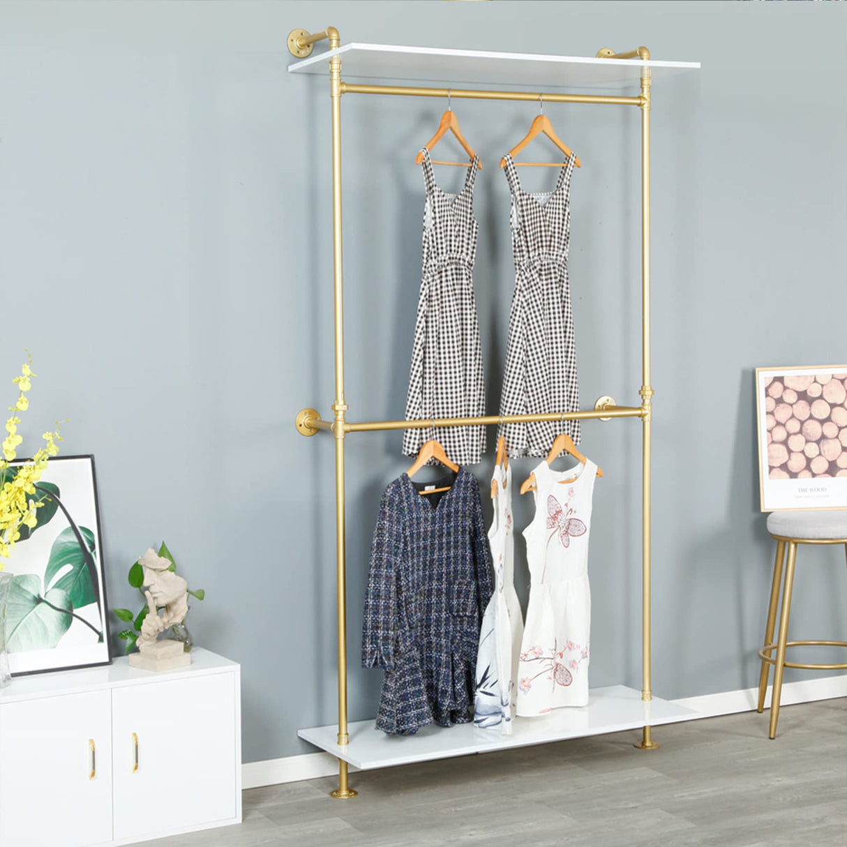 Modern Simple Industrial Pipe Double Hanging Rods Clothing Rack,Retail Display Wall