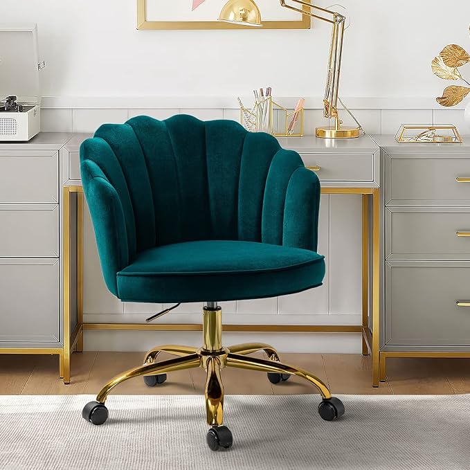 Velvet Home Office Chair with Gold Base, Womans Modern Cute Shell Back Upholstered