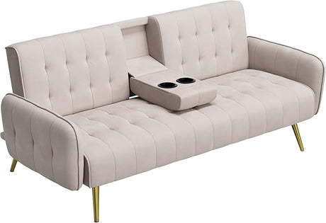 Sofa Bed, Convertible Couch with 2 Cup Holders and Removable Armrests,