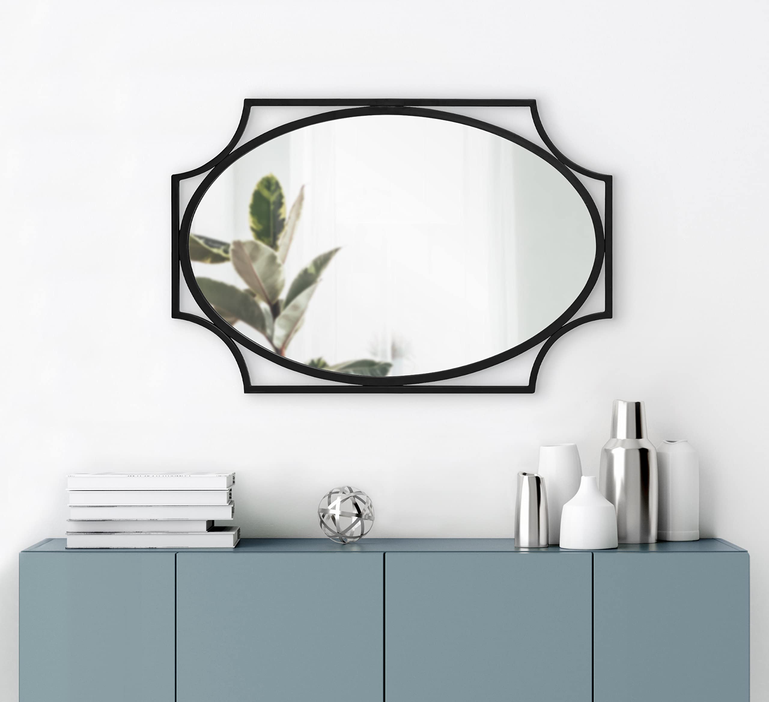 Rateau Modern Scalloped Oval Wall Mirror, 20 x 30, Black, Decorative Wall Decor