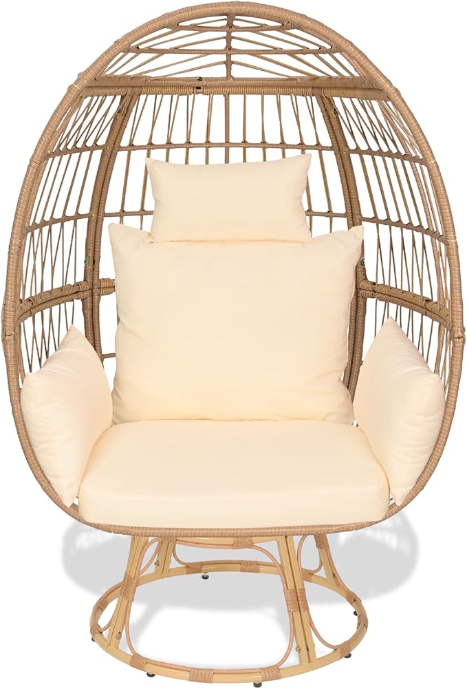 360° Swivel Egg Chair,Rattan Patio Egg Chair, 440lbs Capacity Oversized Patio Rotating Basket Chair, All-Weather Wicker Egg Lounger Chair for Outside Indoor