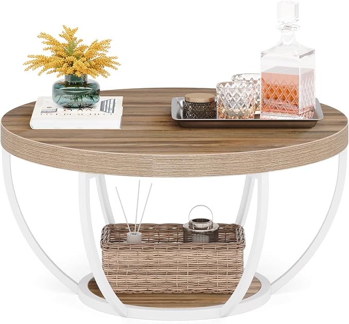 Round Coffee Table, 31.7" Wooden 2-Tier Circle Coffee Table with Storage Shelves