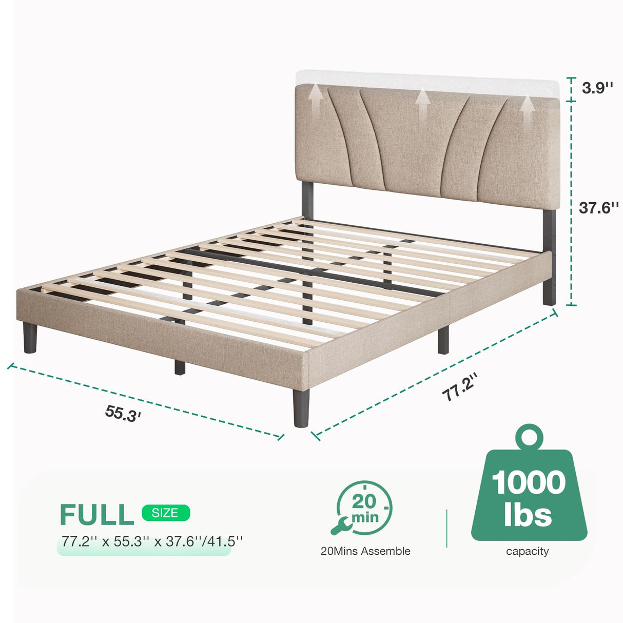 Full Size Bed Frame with Adjustable Headboard Platform Bed Frame Full Size