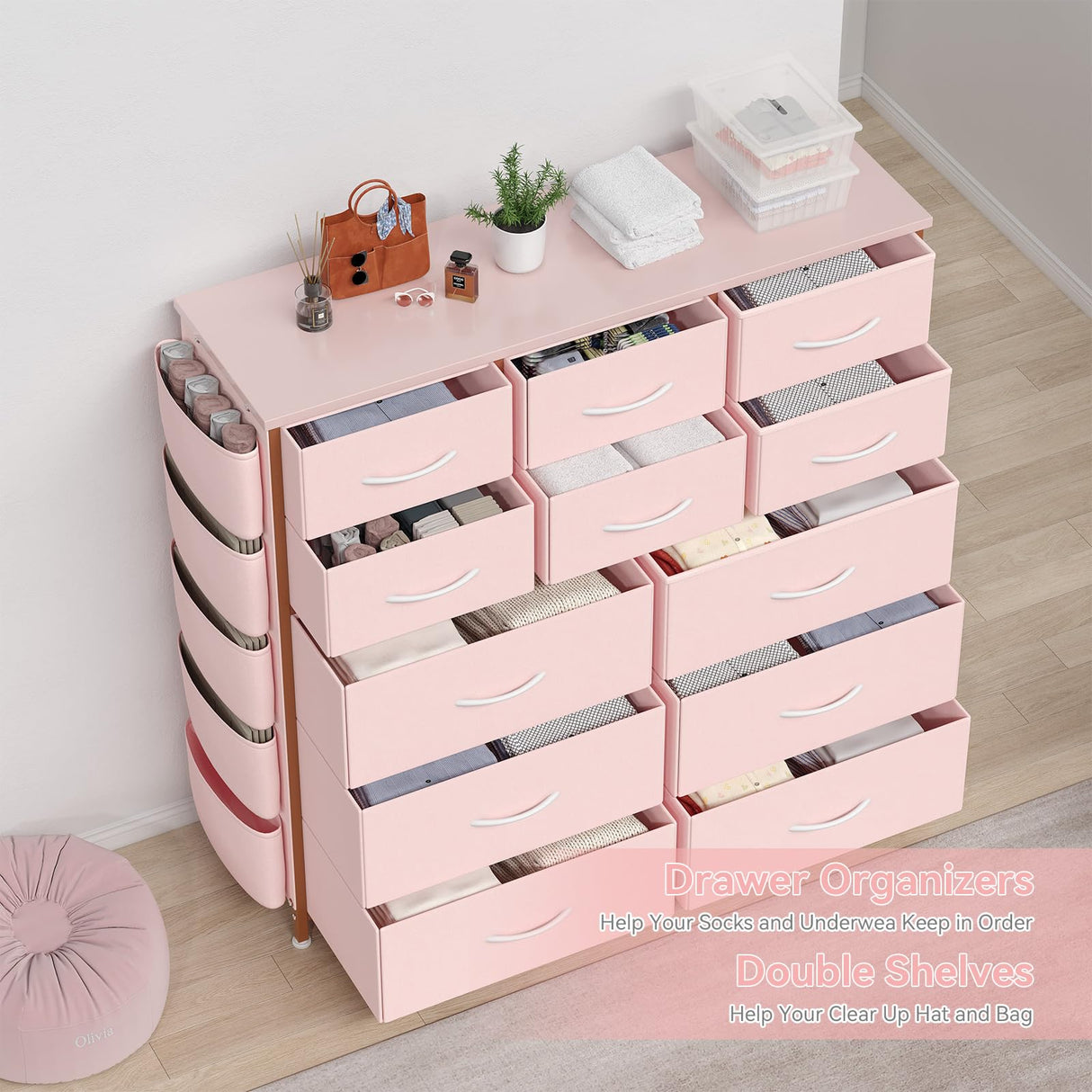 Jojoka Dresser for Bedroom with 12 Drawer, Dressers & Chests of Drawers for Hallway, Entryway, Storage Organizer Unit with Fabric, Sturdy Metal Frame, Wood Tabletop, Easy Pull Handle… (Pink)