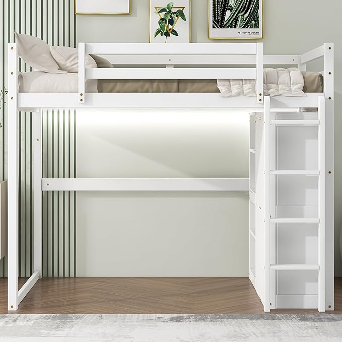 Full Loft Bed, Loft Bed Full Size with Storage Staircase and Wardrobe for Clothes, Wooden