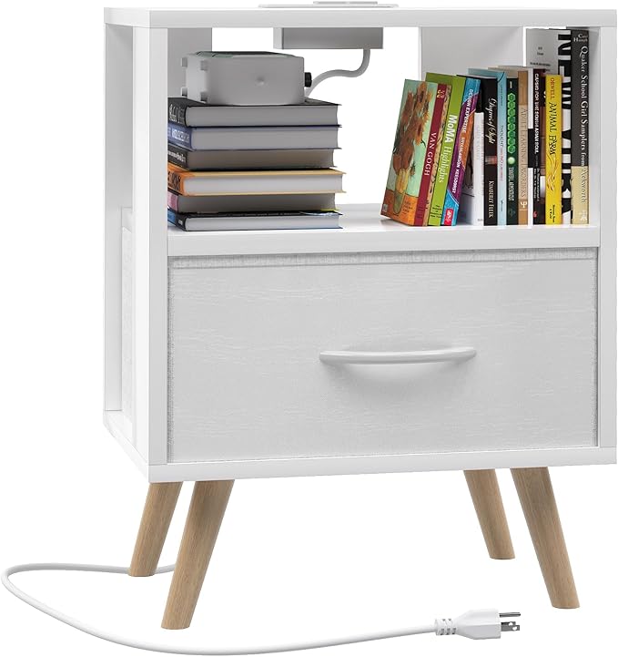 Night Stand with Charging Station, White Kids Nightstand with Drawer