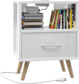 Night Stand with Charging Station, White Kids Nightstand with Drawer