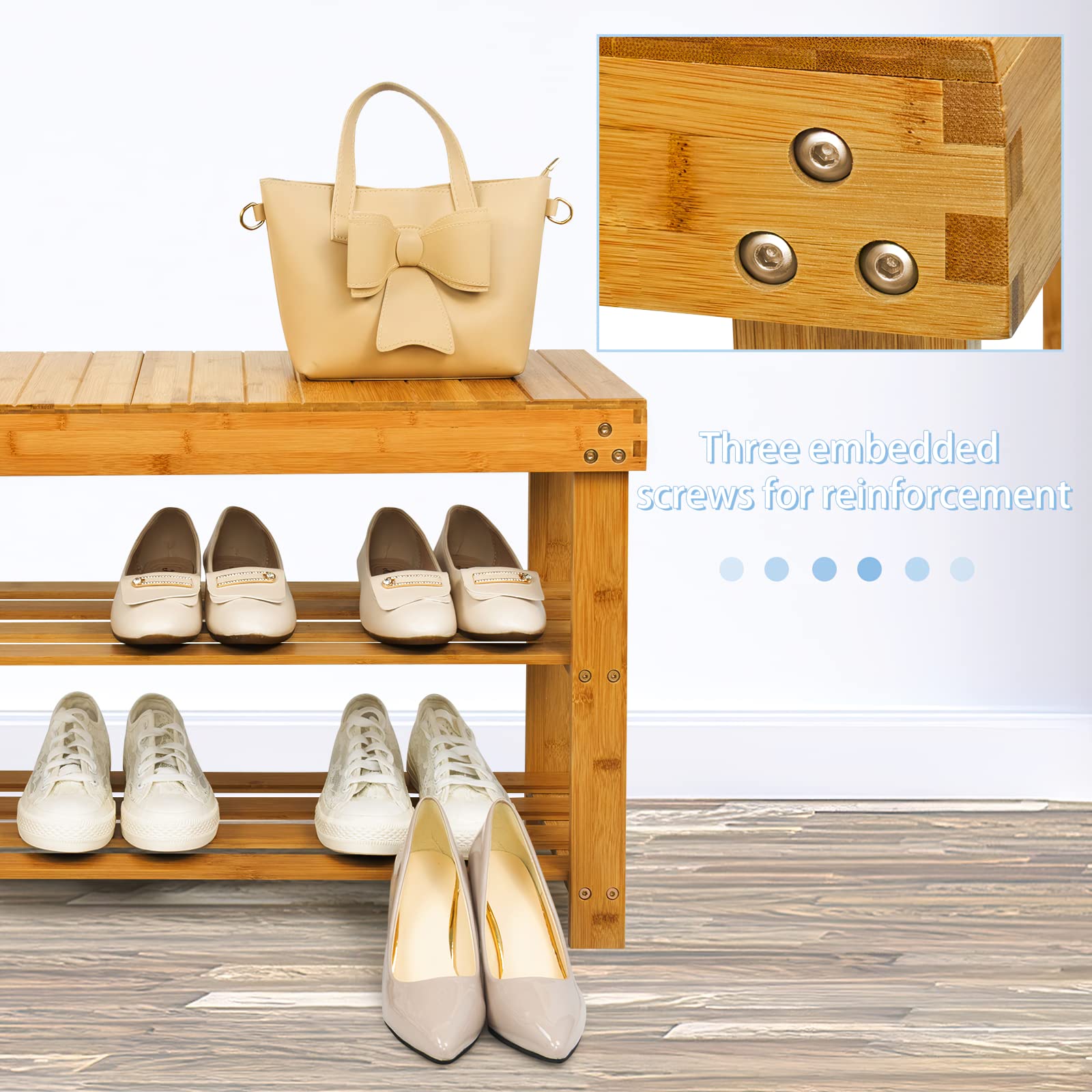 Bamboo Shoe Rack Bench,Extended Edition 3-Tier Rack for entryway