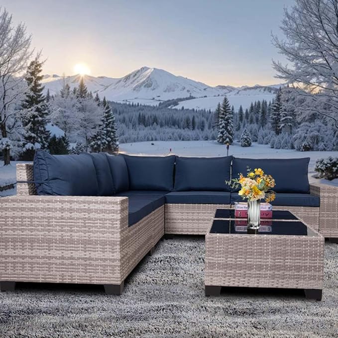 7 Piece Outdoor Wicker Patio Furniture Sectional Set, Wide Handrail Modular Conversation with Washable Cushions & Glass Coffee Table for Garden, Poolside, Backyard (Greywhite-Dark Blue)