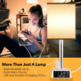 Table Lamp Bedside Lamp with 4 USB Ports and AC Power Outlets, Alarm Clock Base