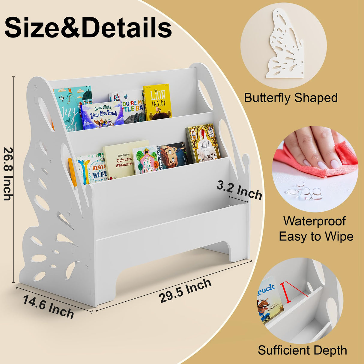 Butterfly Kids Bookshelf - Nursery Bookshelf for Storage Organizer, Free Standing