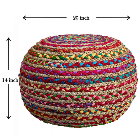 Boho Beauty Braided Pouf Ottoman, 14" x 20", Multicolor