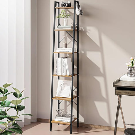 Ladder Shelf, Bookshelf Bookcase, Freestanding Corner Storage Shelve with 2 Hooks for