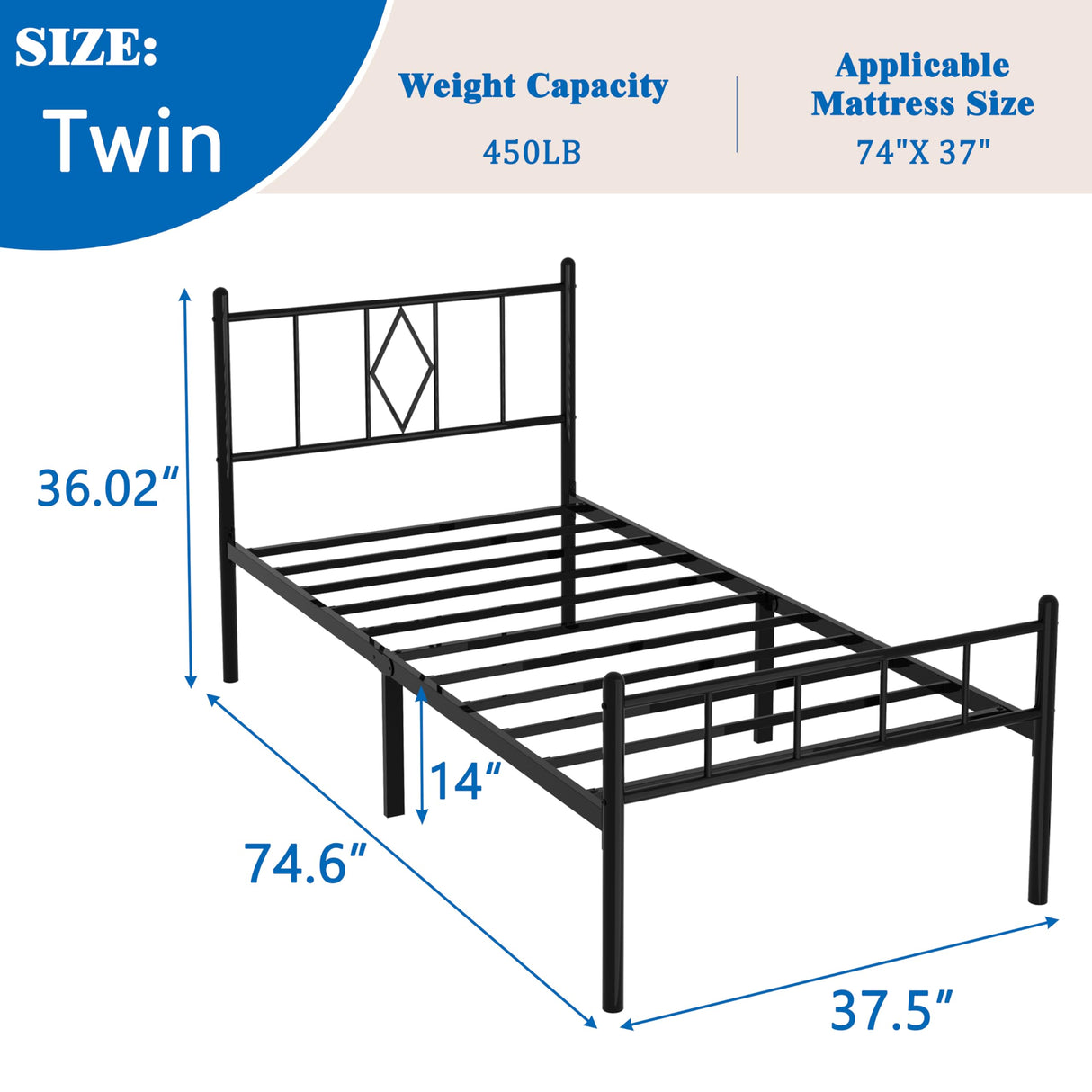 Casaflair Twin Size 14" Height Classic Metal Platform Bed Frame Foundation with Iron-Art Headboard/Footboard/Under Bed Storage/No Box Spring Needed/Heavy Duty Metal Slats Support/Black