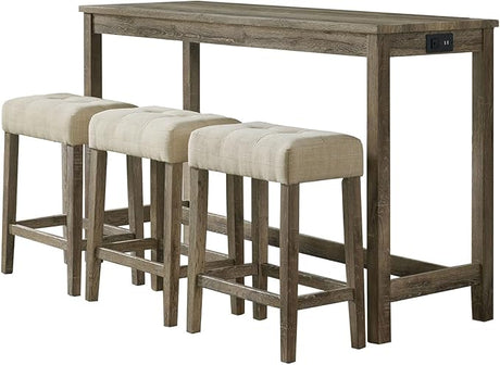 Wyeth Dining 4-Piece Acacia Wood Bar Set with High-Top Table and 3 Padded Stools for Breakfast Nook,