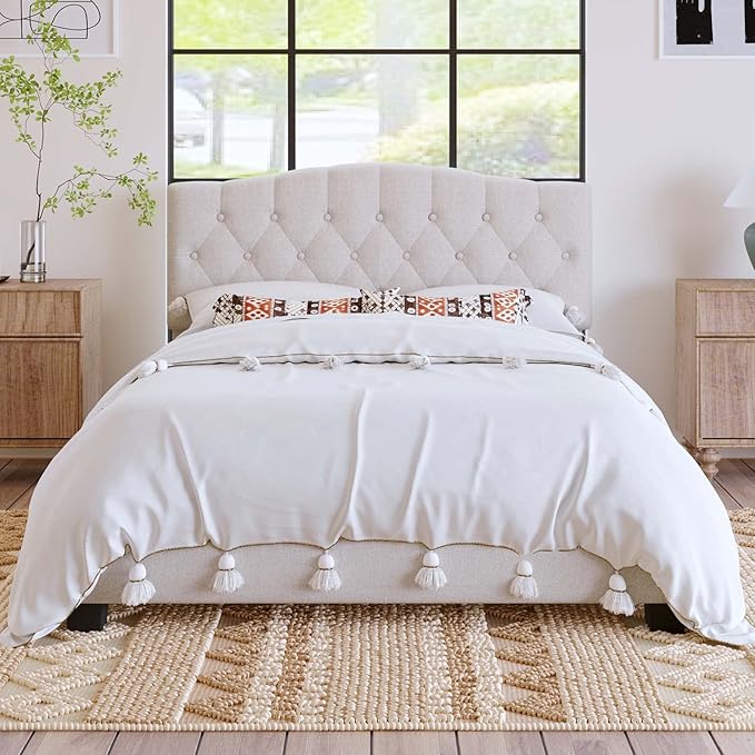 Full Size Upholstered Platform Bed Frame with Saddle Curved Headboard