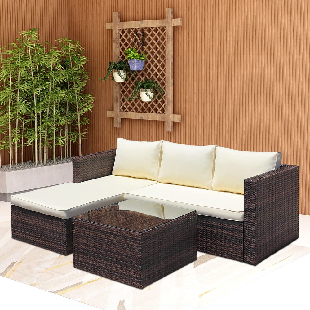 ABBLE 3 Piece Patio Furniture Sets, Outdoor Sectional Sofa Manual Wicker Rattan Corner Seating, Conversation Set with Soft Cushions and Glass-Covered Table – Brown