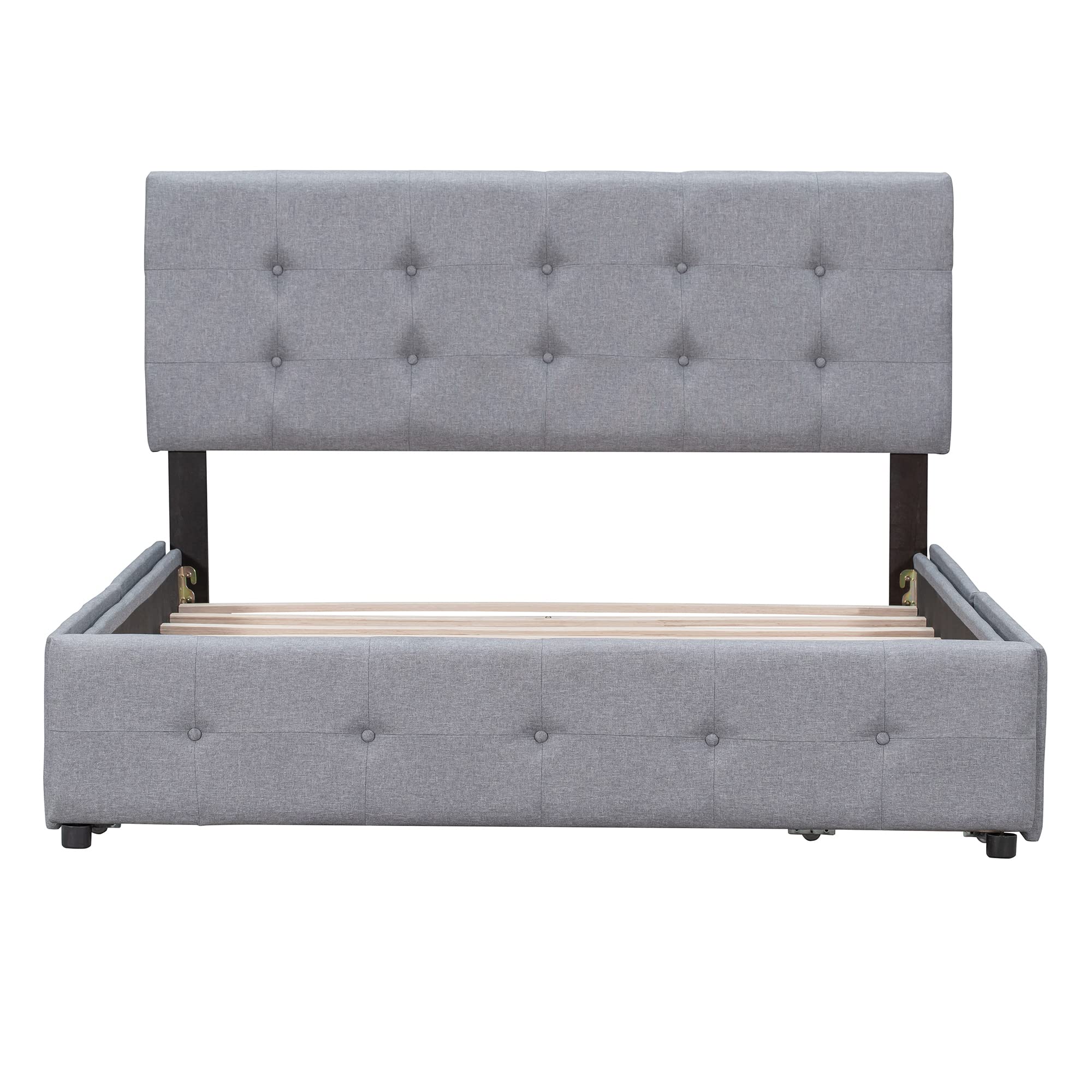 Queen Upholstered Platform Bed Frame with Classic Headboard and 4 Drawers, No Box