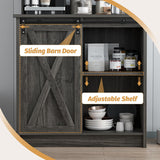 Farmhouse Coffee Bar Cabinet with Storage, Gray Coffee Bar with 6 Hooks