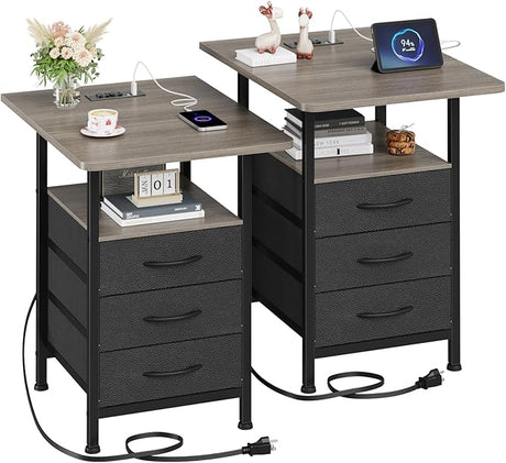 Night Stand Set 2 with 19'' D Larger Tabletop and 3 Fabric Drawer, Bedside Tables with Fast Charging Station