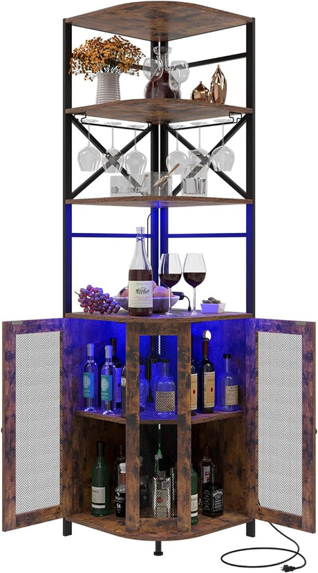 Wine Bar Cabinet with Power Outlet, 6-Tiers Industrial Wine Cabinet