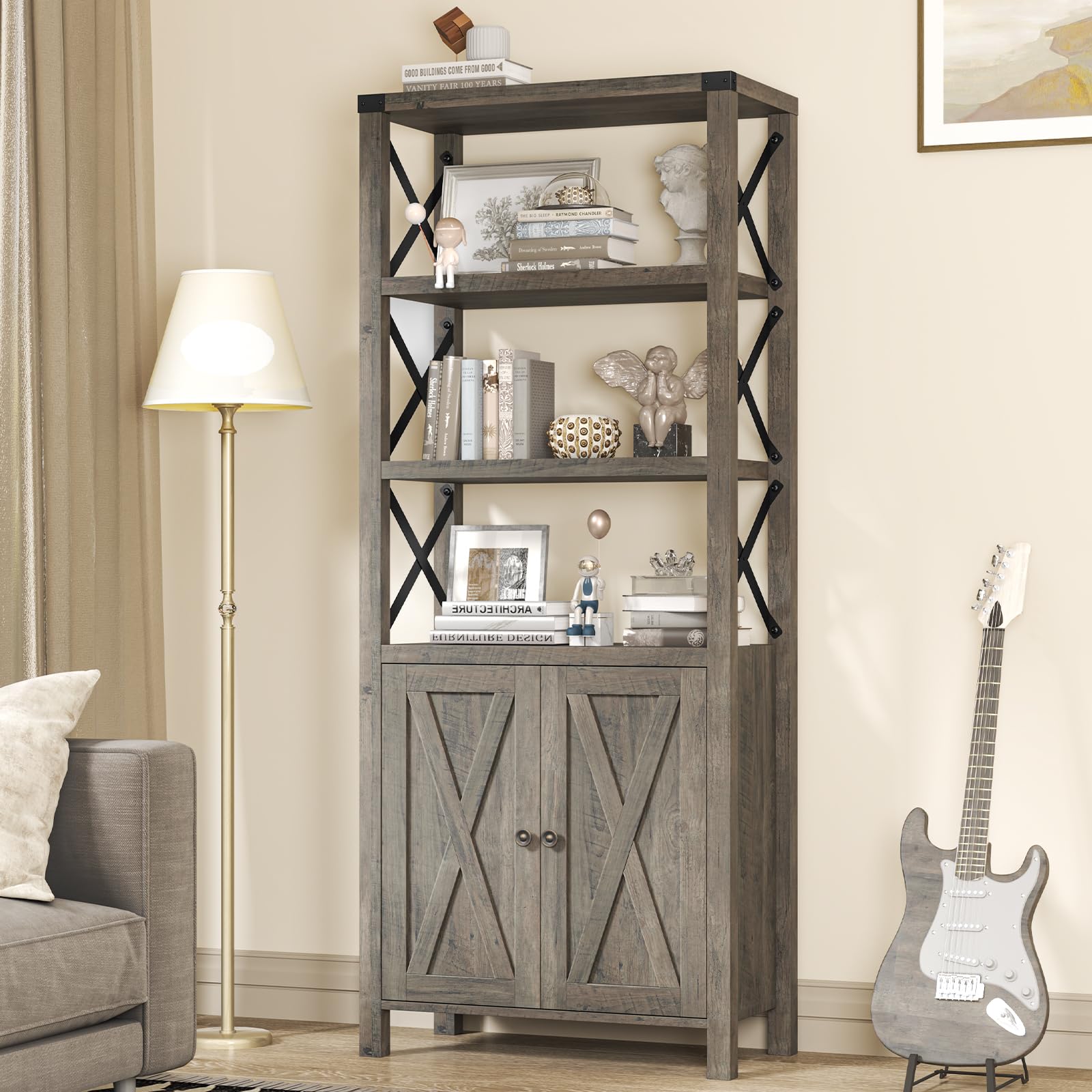 Book Shelf with Storage Cabinet, Farmhouse 5-Tier Bookshelf