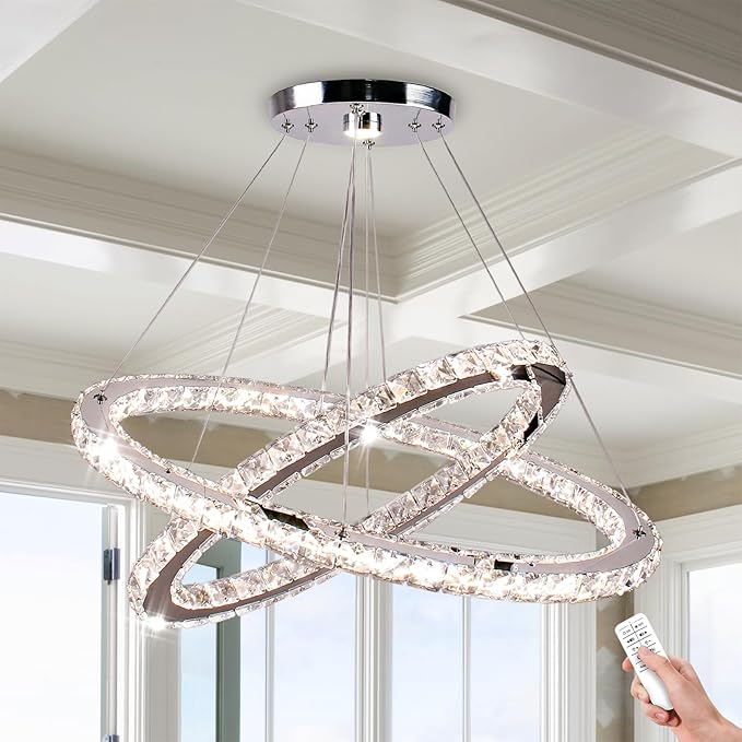 Modern Chandelier 2 Rings Rectangular Crystal Chandeliers LED Pendant Light Adjustable