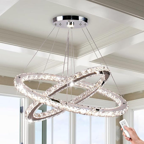 Modern Chandelier 2 Rings Rectangular Crystal Chandeliers LED Pendant Light Adjustable