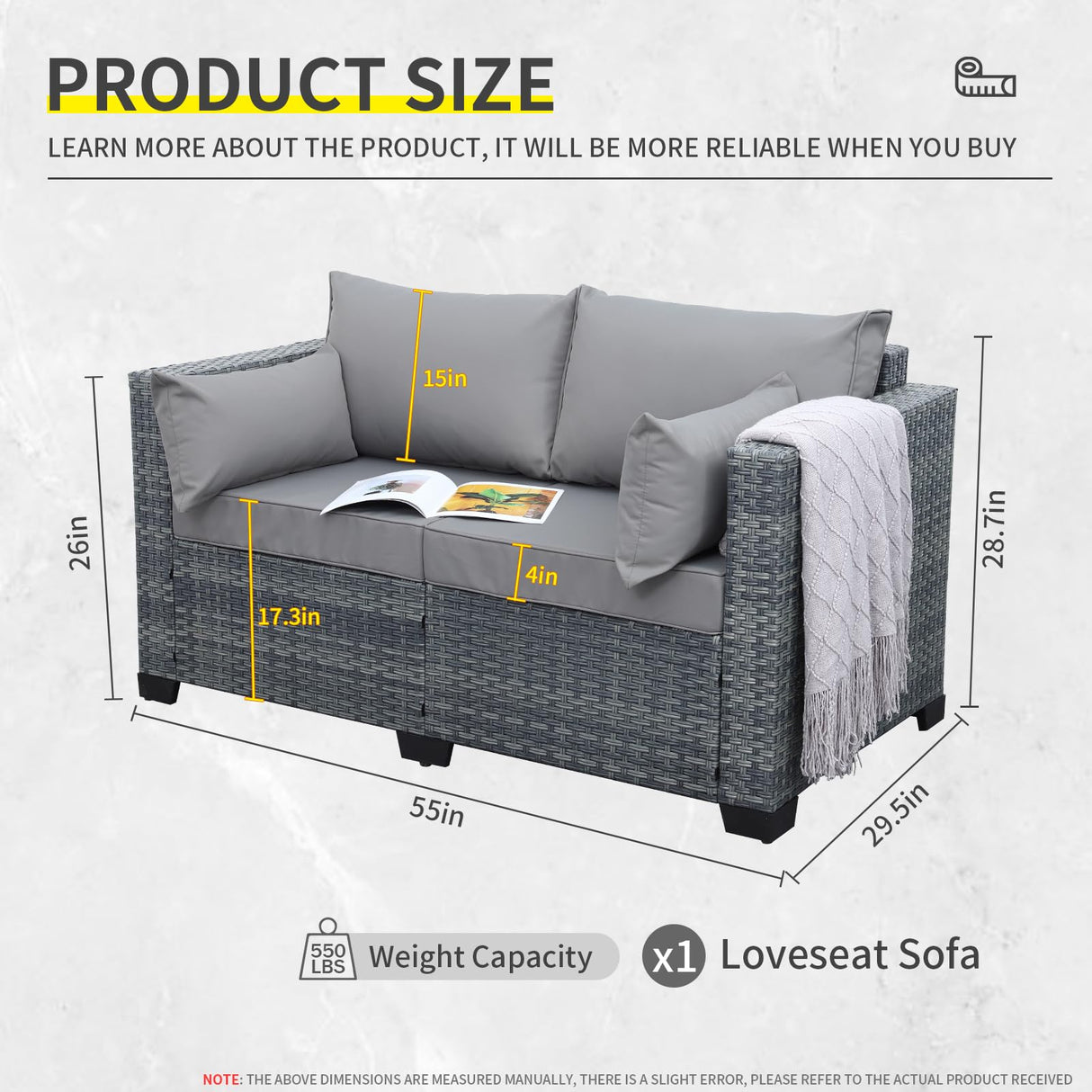 Outdoor Patio Loveseat Sofa, 2-Seater Small Couch, All Weather Wicker Love Seat Furniture