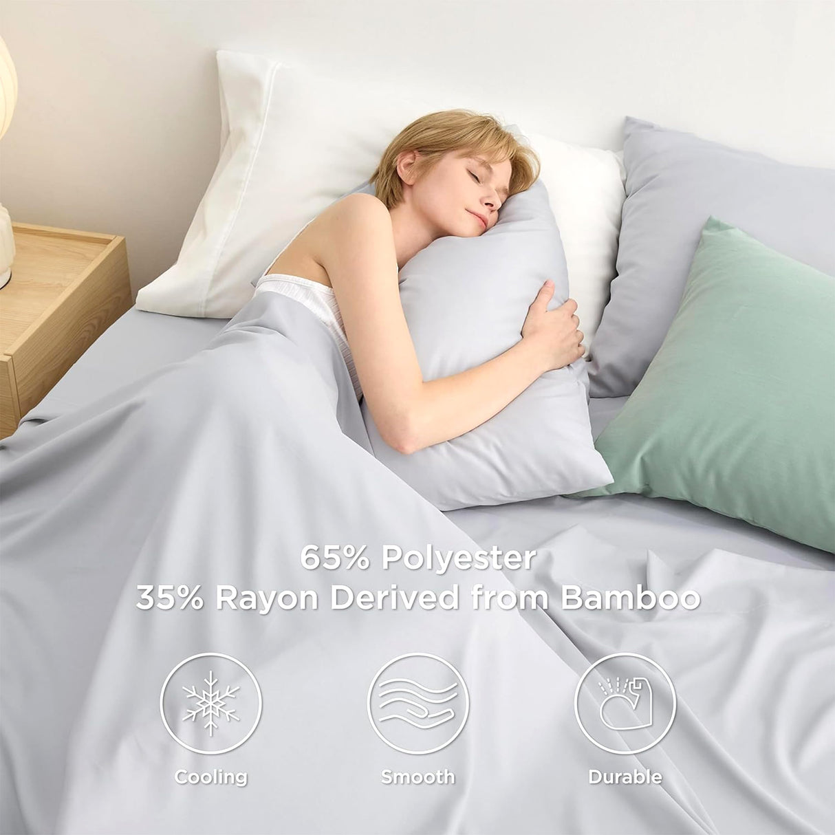 Bedsure Cooling Sheets for Queen Size Bed Set, Polyester & Rayon Derived from Bamboo, Breathable & Wrinkle Free, Silky Soft with 16 Inch Deep Pocket Bed Sheets - Light Grey