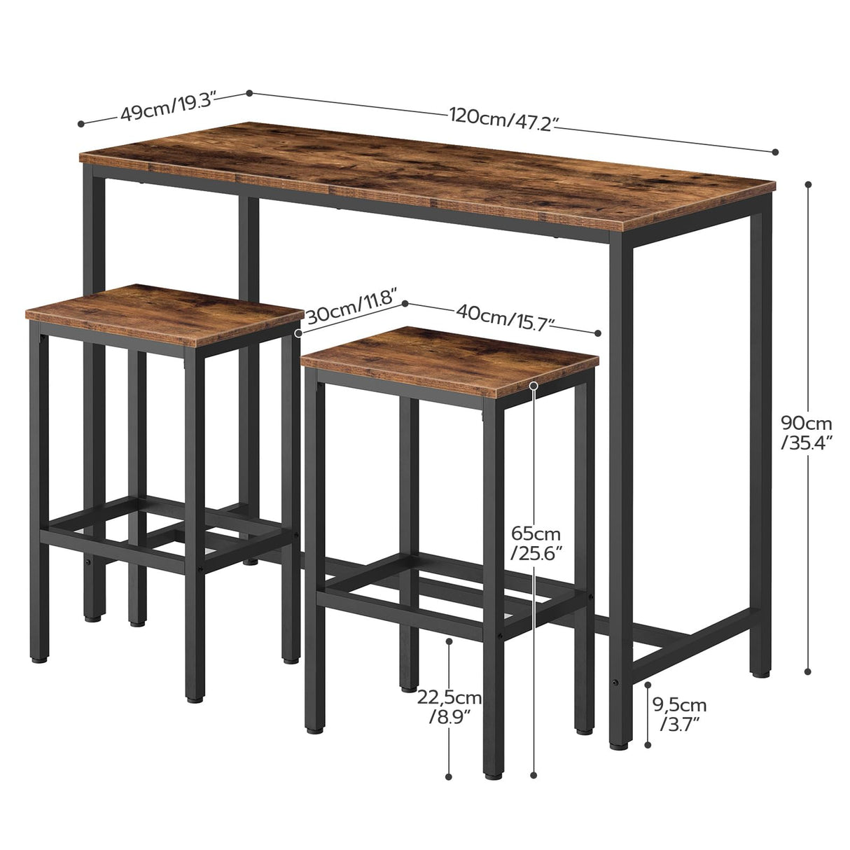 Bar Table and Chairs Set, 47.2” Rectangular Pub Table with 2 Stools