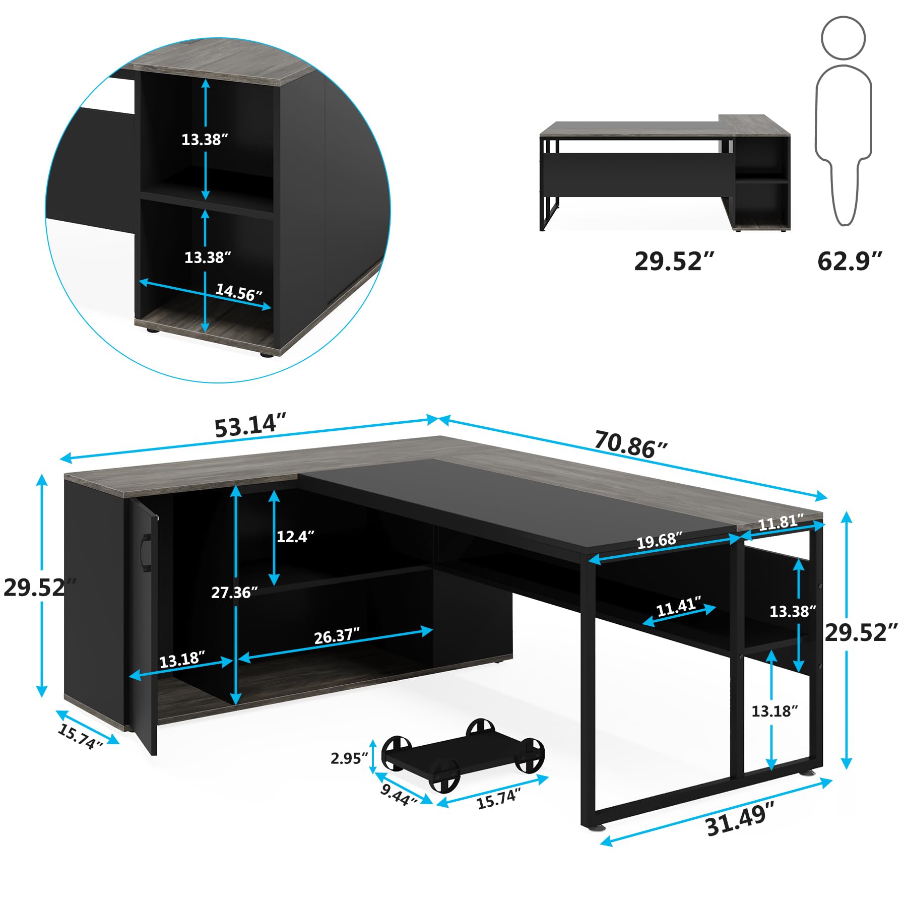 Large Executive Desk with File Cabinet, 71 inch L Shaped Computer Desk Office Desk