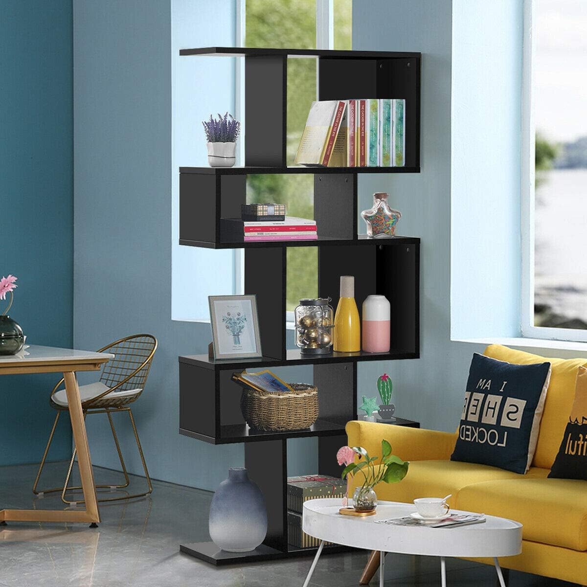 5-Tier Geometric Bookshelf Black, 70" Tall Wood Freestanding Decorative Display Open Shelves