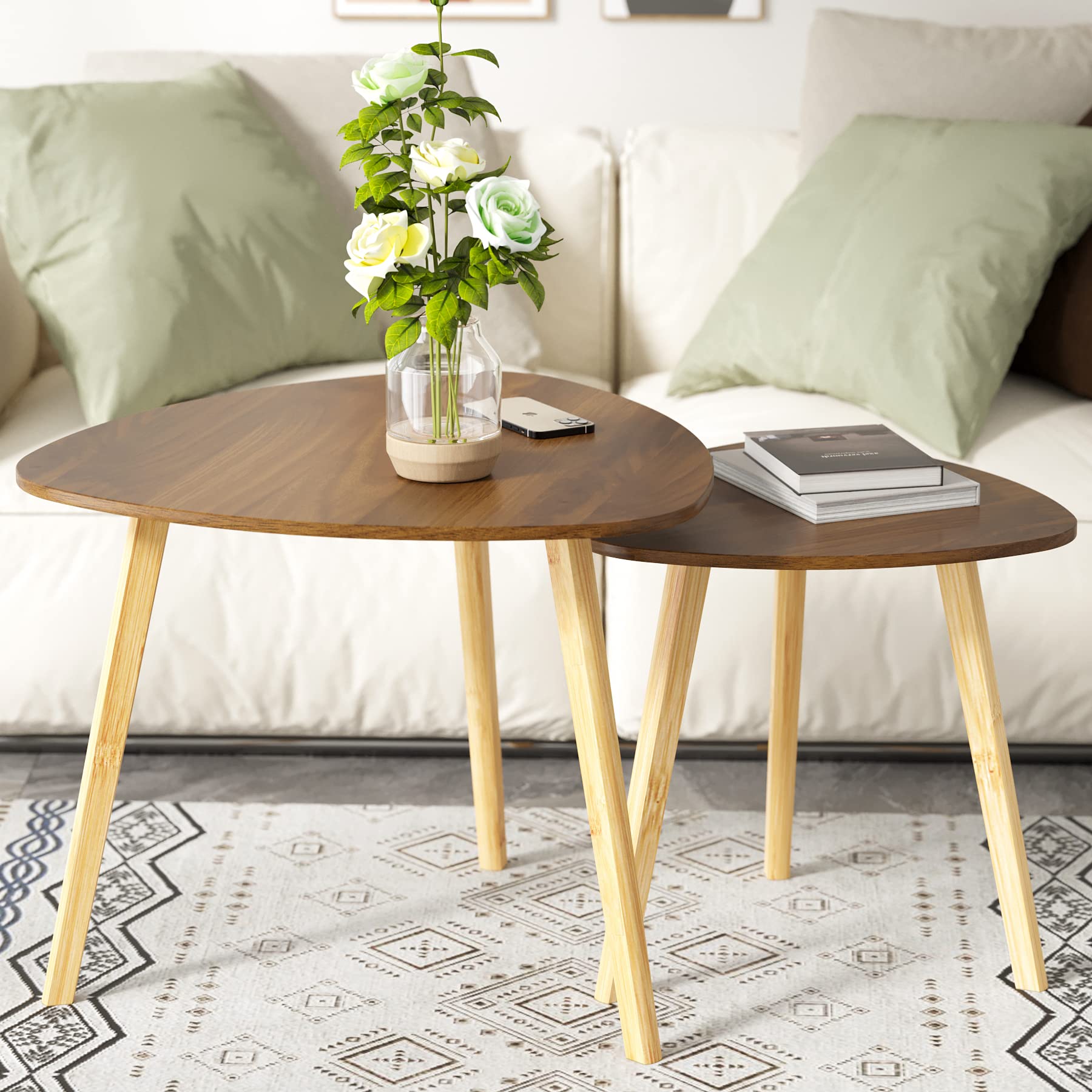 Bamboo Nesting Triangle End Table,Set of 2 Coffee Table Modern Minimalist Side