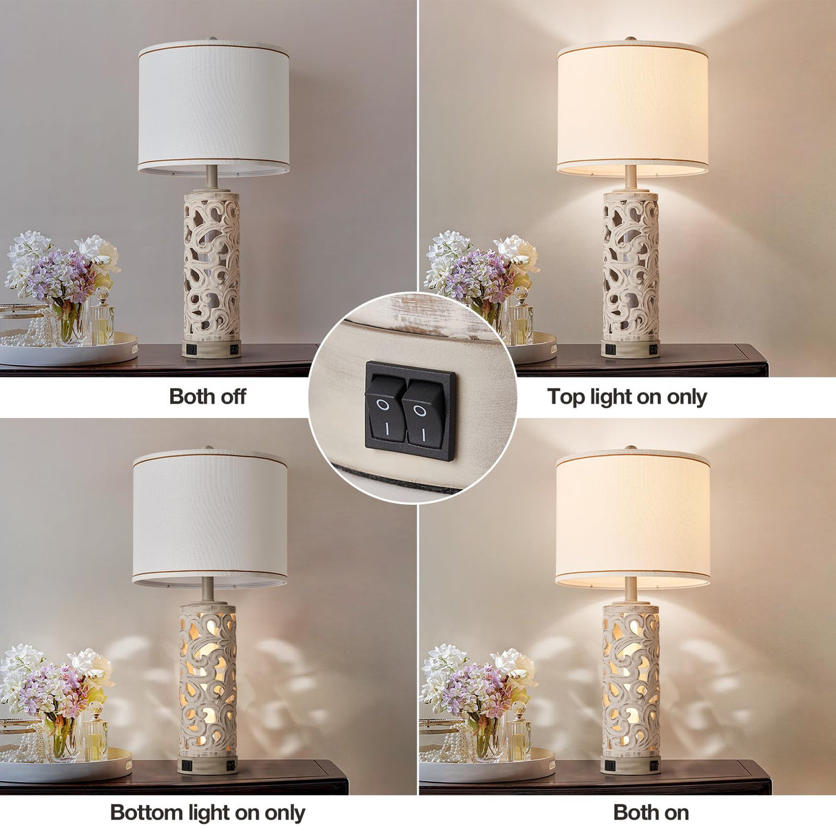 Set of 2 Table Lamps with Night Light, 28" Farmhouse Table Lamp